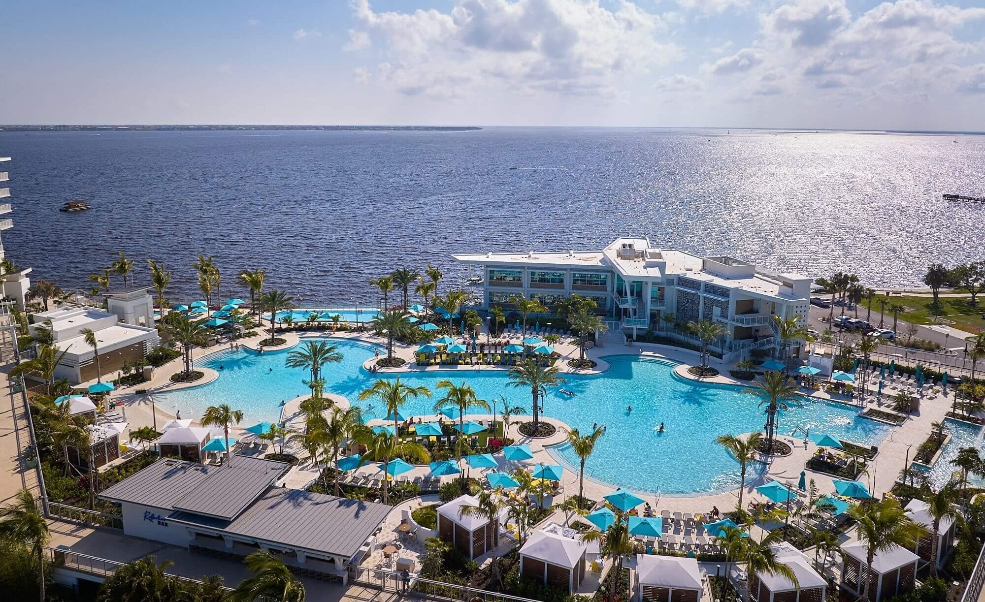 Afternoon drone shot of pool at Sunseeker Resort