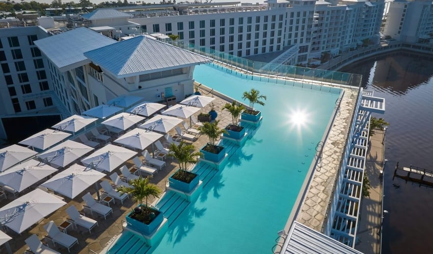 drone shot of Level Blue Rooftop at the Sunseeker Resort