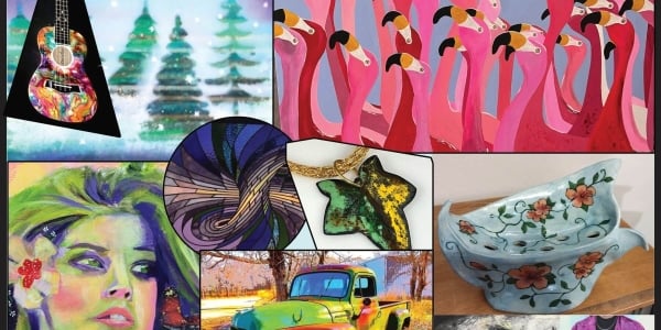 Art collage with paintings of flamingos, cats, guitar and more
