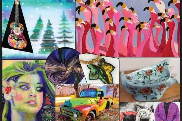 Art collage with paintings of flamingos, cats, guitar and more