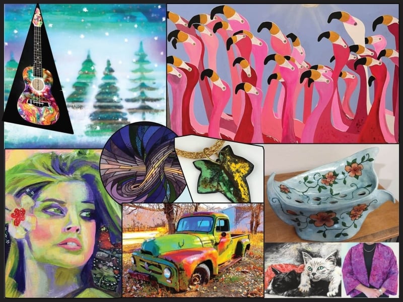 Art collage with paintings of flamingos, cats, guitar and more