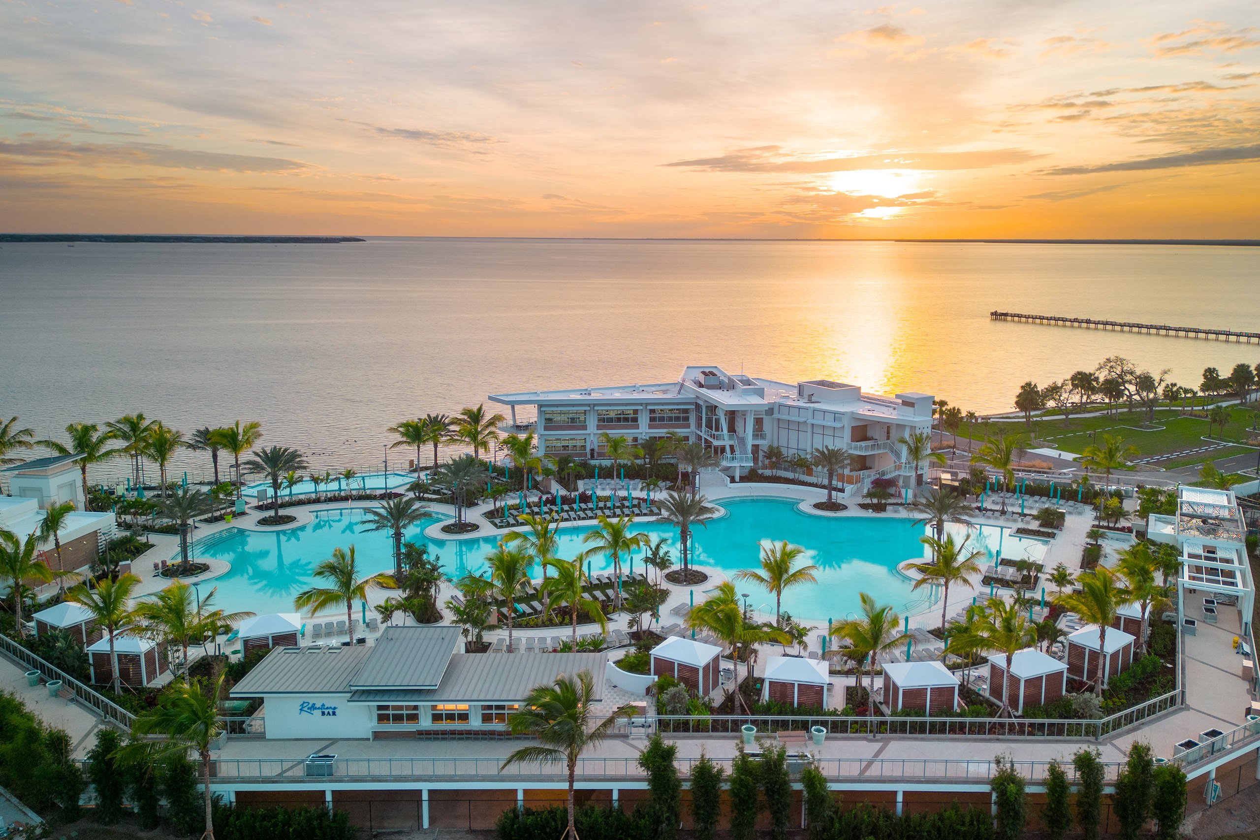 Aerial view or Reflections pool at Sunseeker Resort during sunset