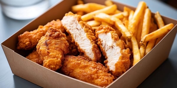 Chicken tender and fries in a box at Saddle Creek Grill