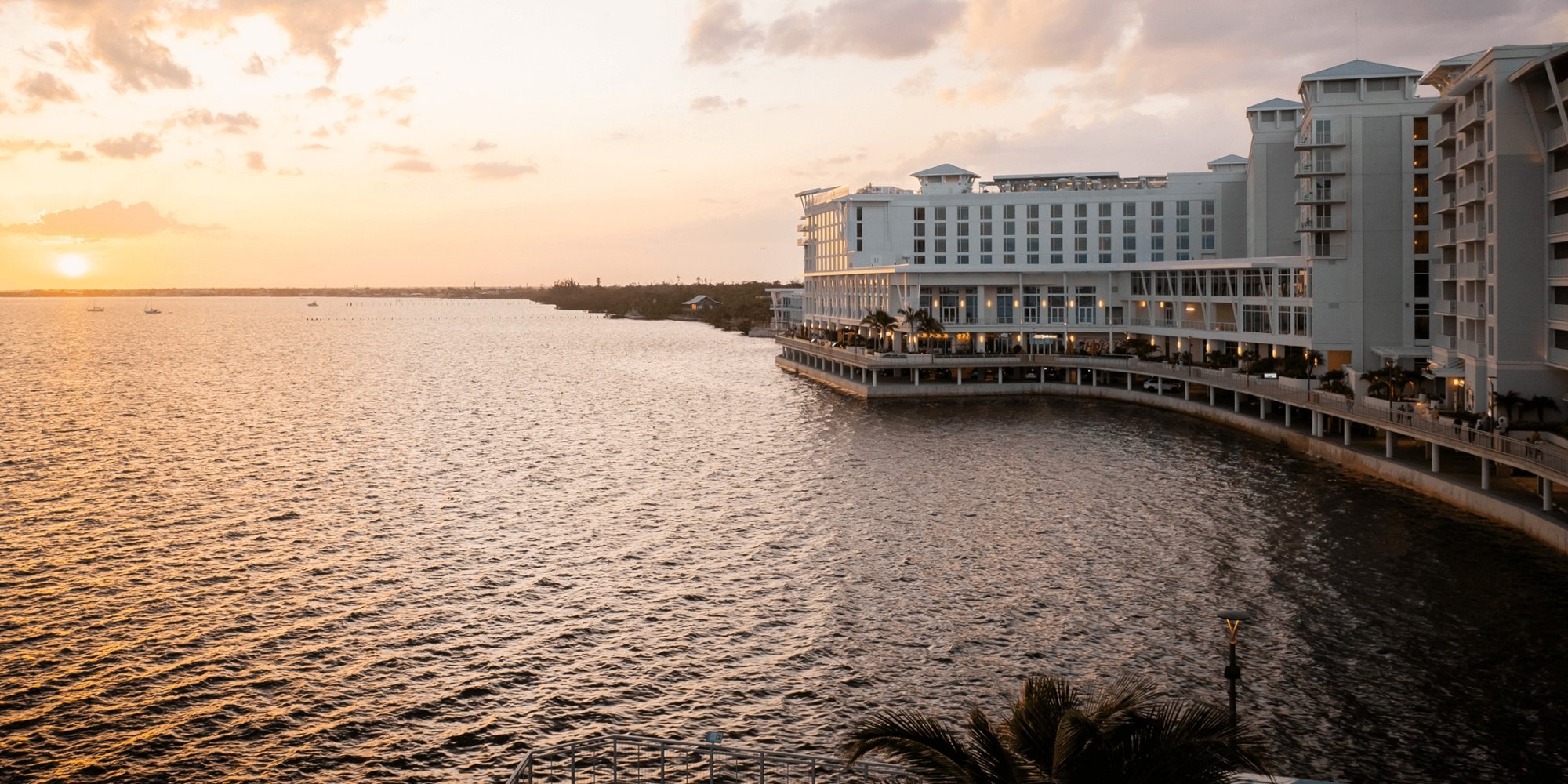 Bay view of Sunseeker Resort during sunset