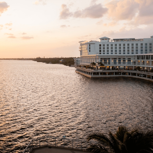 Bay view of Sunseeker Resort during sunset