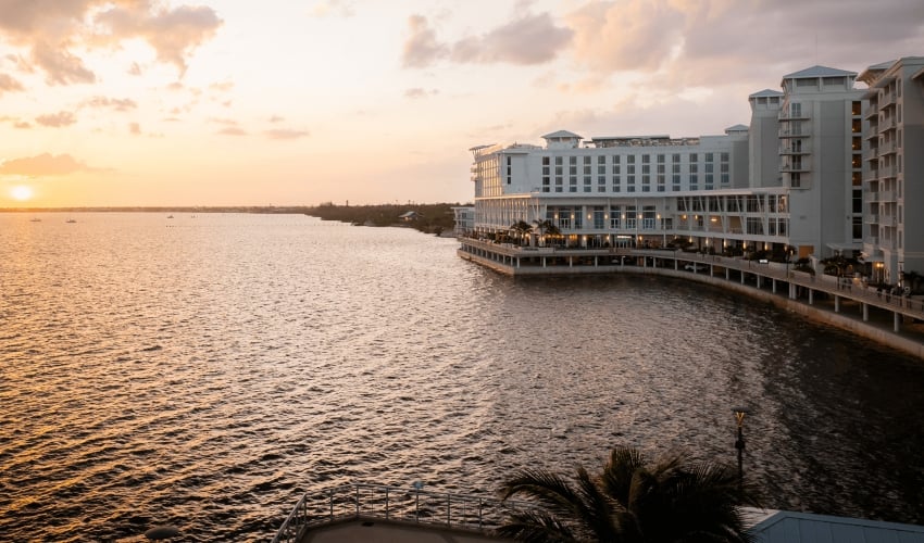 Bay view of Sunseeker Resort during sunset