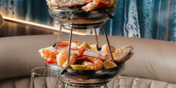 Seafood tower filled oysters, lobster and shrimp at Maury's