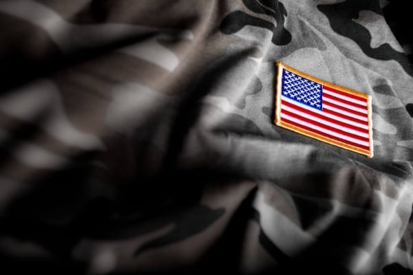 Close up of Military uniform with American flag badge