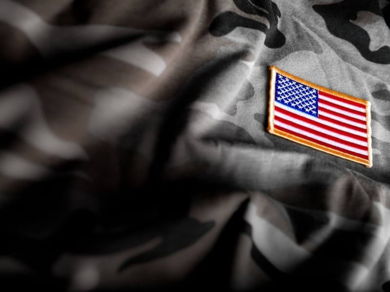 Close up of Military uniform with American flag badge