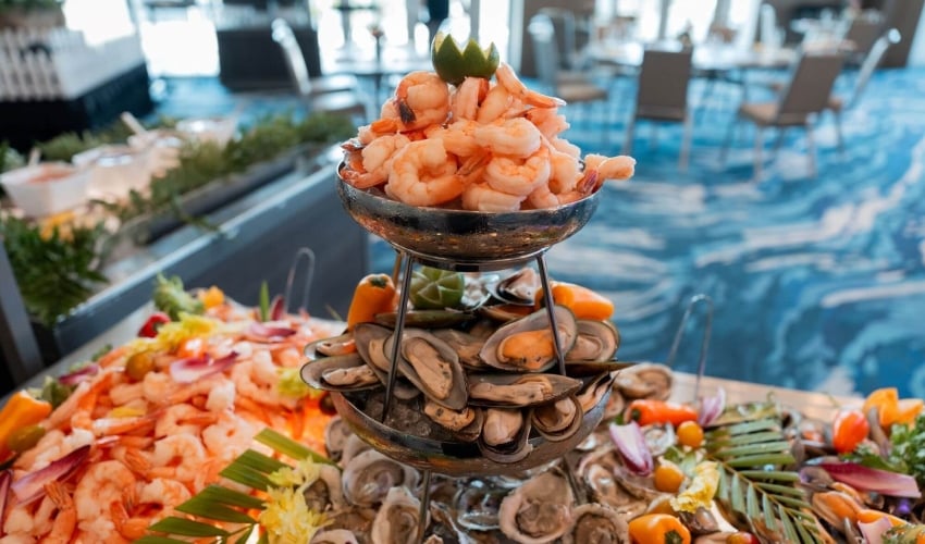 Seafood tower with shrimp, oysters and clams at Maury's
