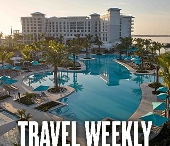 Travel Weekly text layered with image of reflections pool at Sunseeker Resort