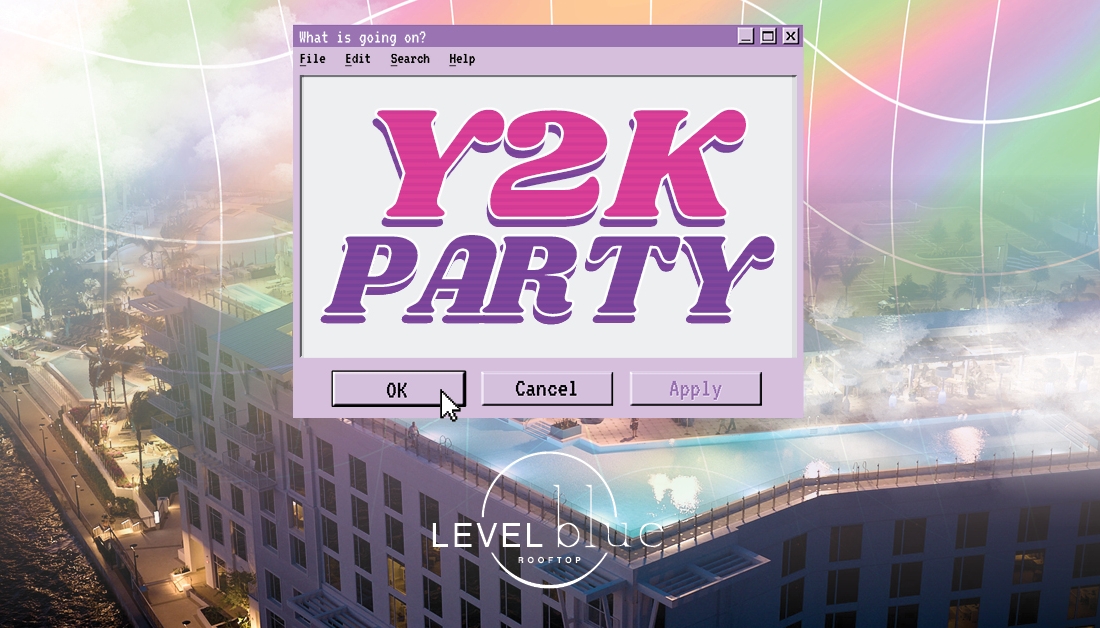 Y2K Party text with a nostalgic look overtop Level Blue Pool